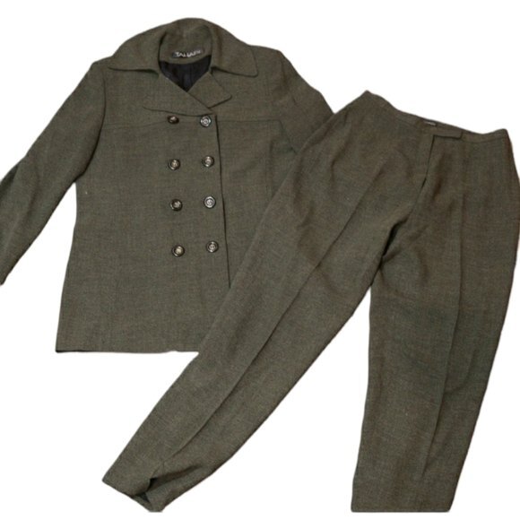Vintage Tahari Gray Green Matching Long Line Blazer & Pants Suit Set 12 - Picture 1 of 16